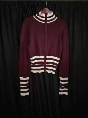 SO Juniors' Varsity Striped Full-Zip Ribbed Sweater, Maroon/White, Size L